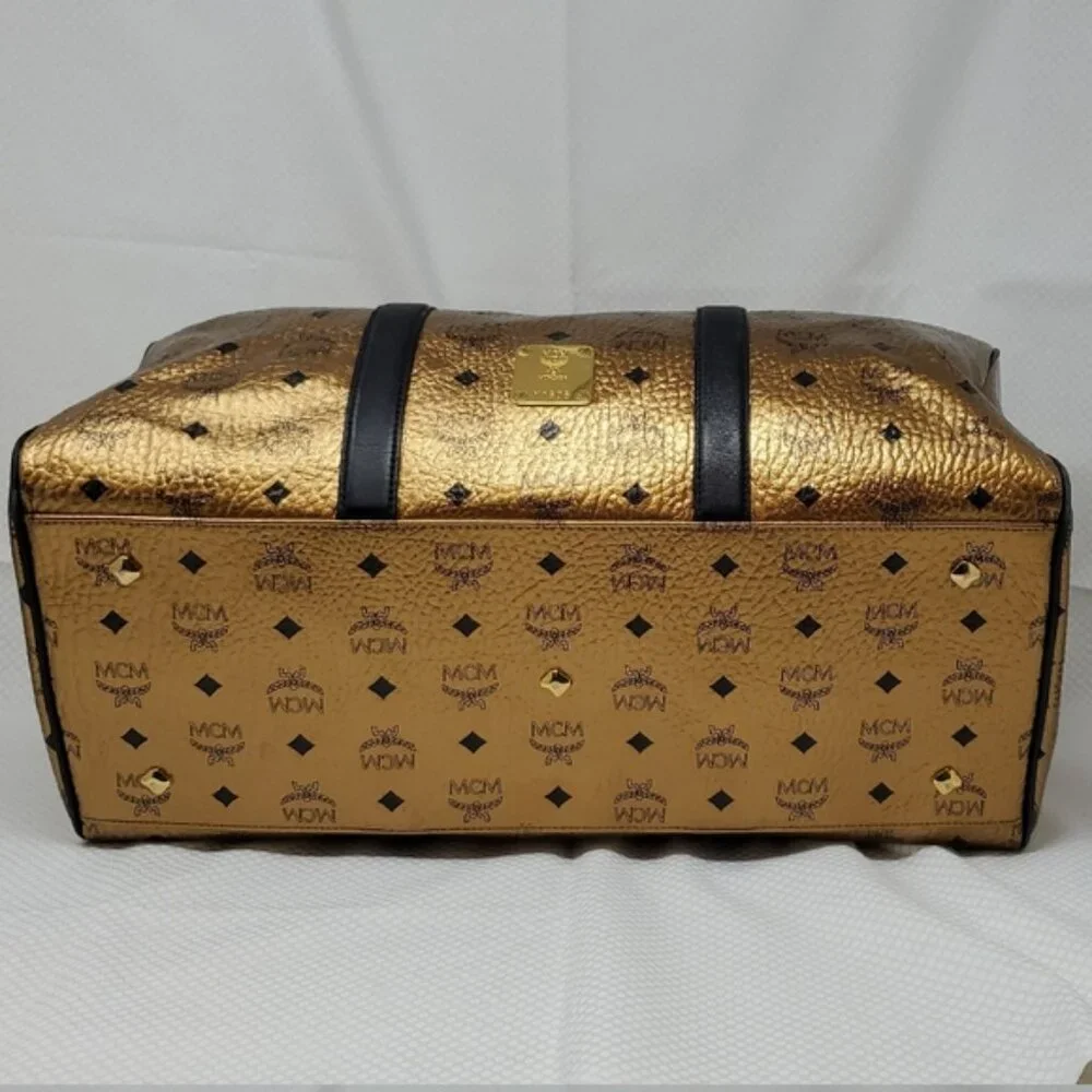 MCM Metallic Gold Weekend Duffle Duffel Coated Travel Bag Handbag